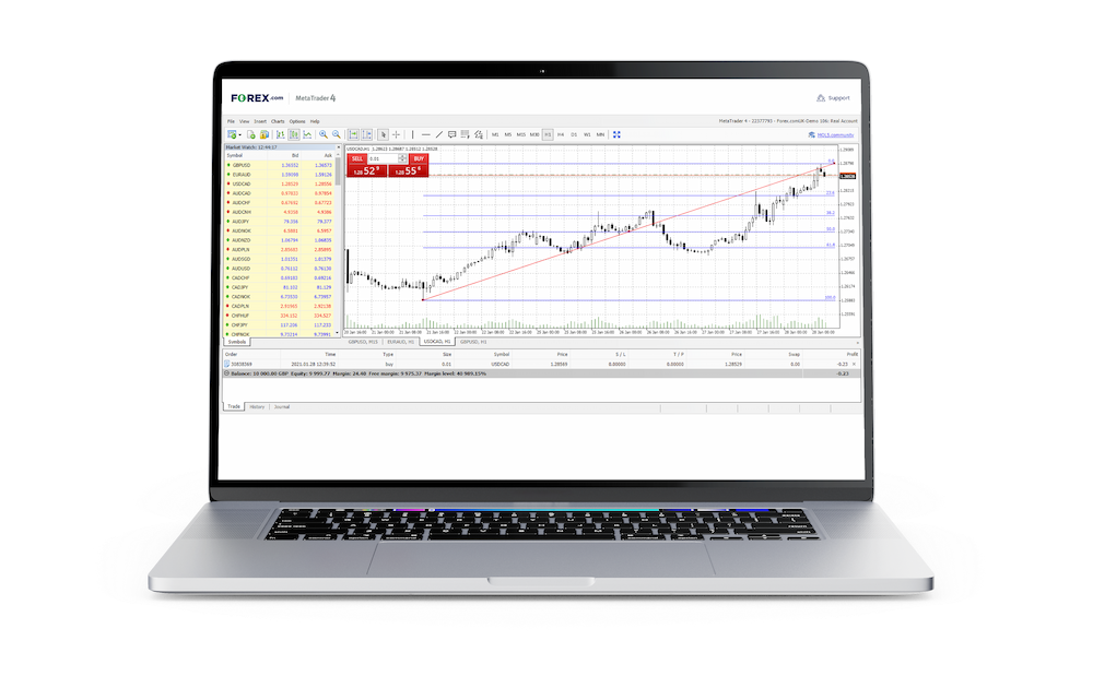 Screenshot der Trading-Software MetaTrader auf einem Laptop mit Anzeige einer positiven Performance