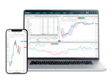 Laptop und Mobiltelefon mit Web-Trading-Plattform und App