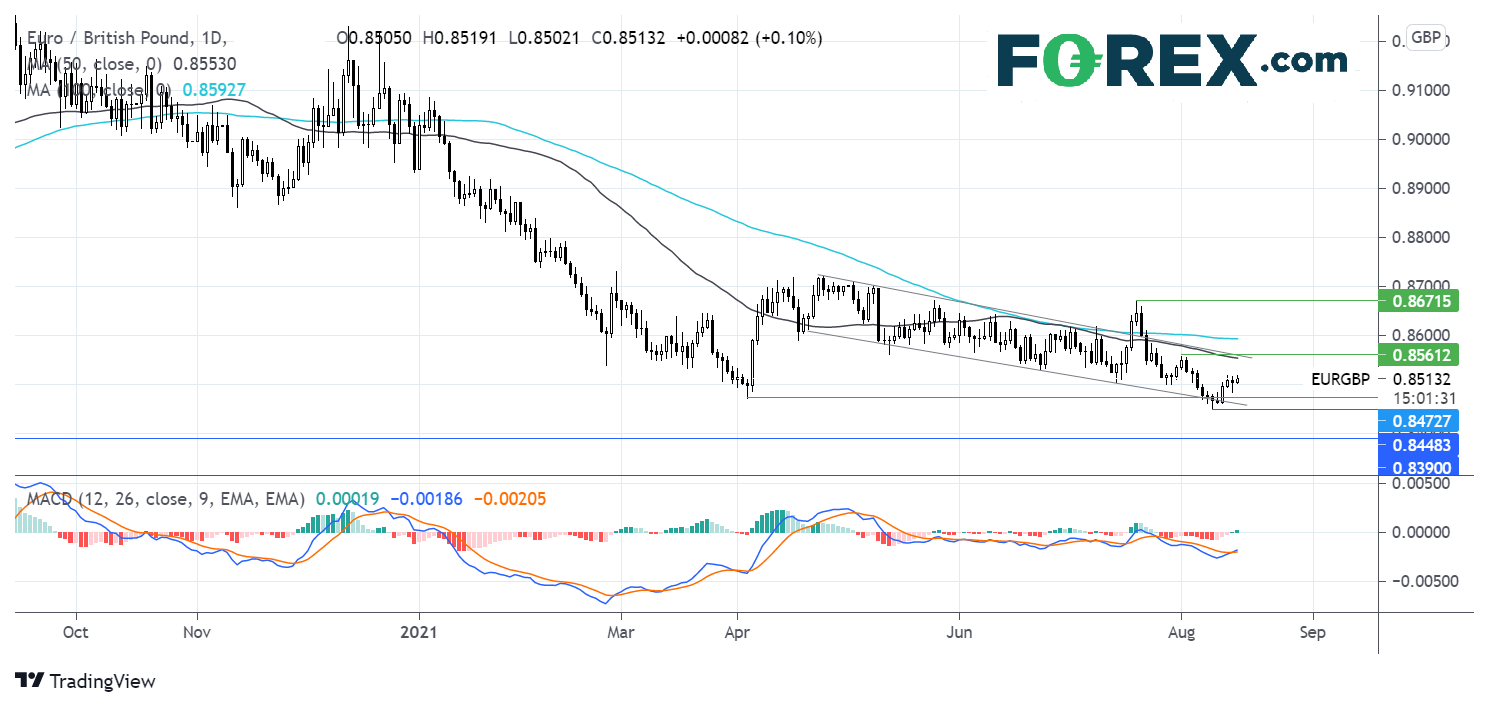 Market chart showing performance of EUR/GBP. Published August 2021 by FOREX.com