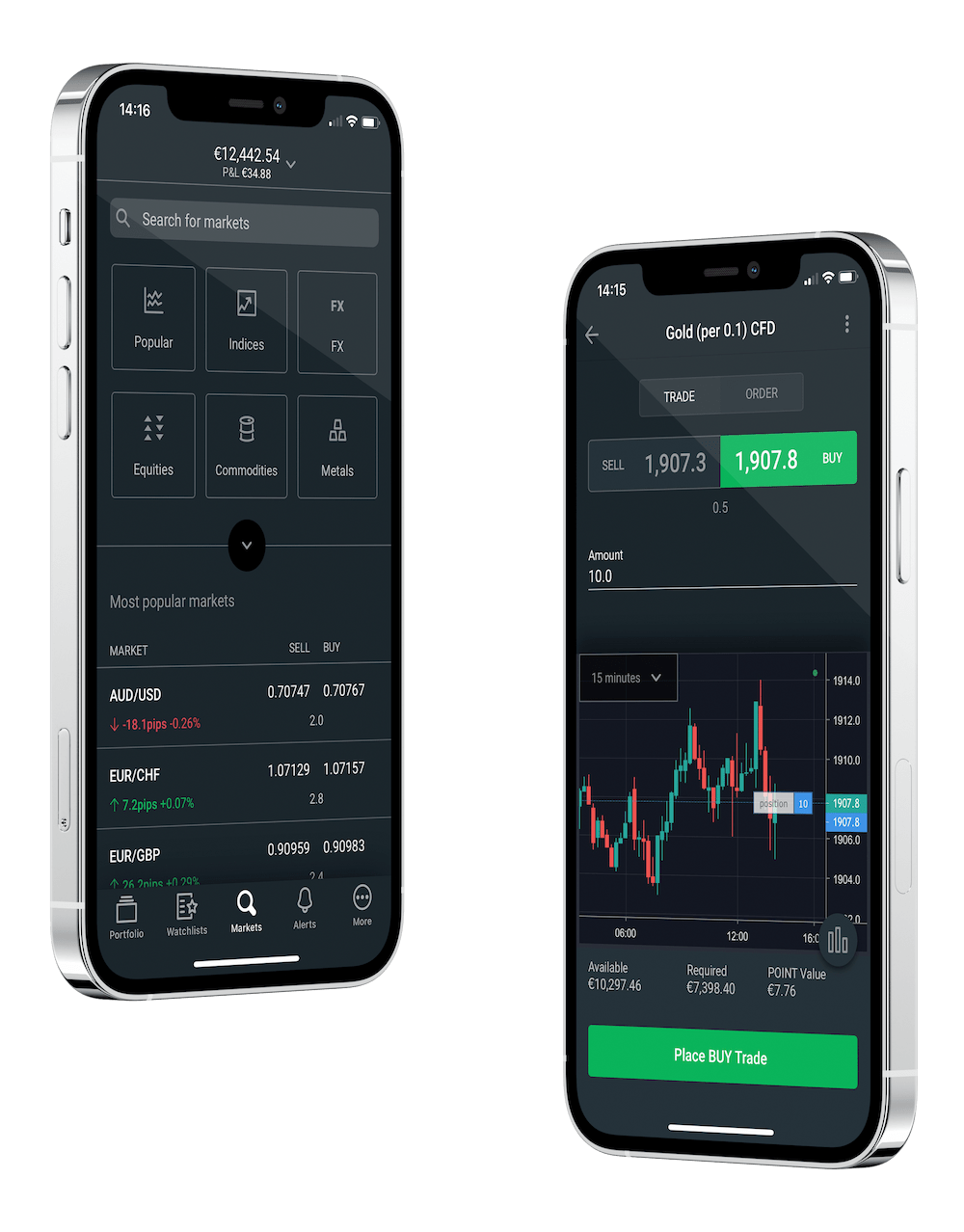 2 mobile phones showing trading app and CFD screens