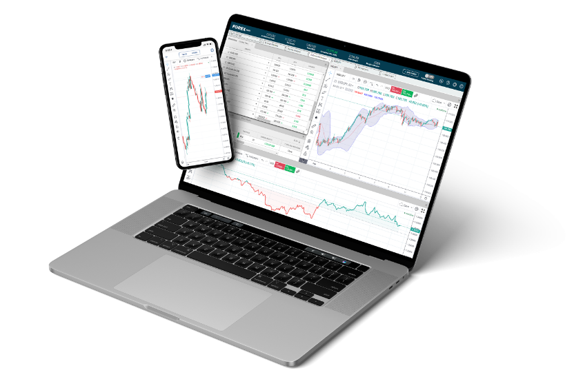 FOREX web trader app showing on a mobile and laptop screen