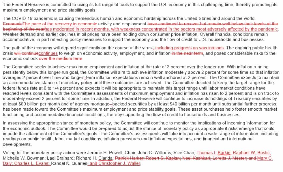 Document shows central bank changes to US Federal reserve statement. Published in January 2021 From Gain Capital/FRB