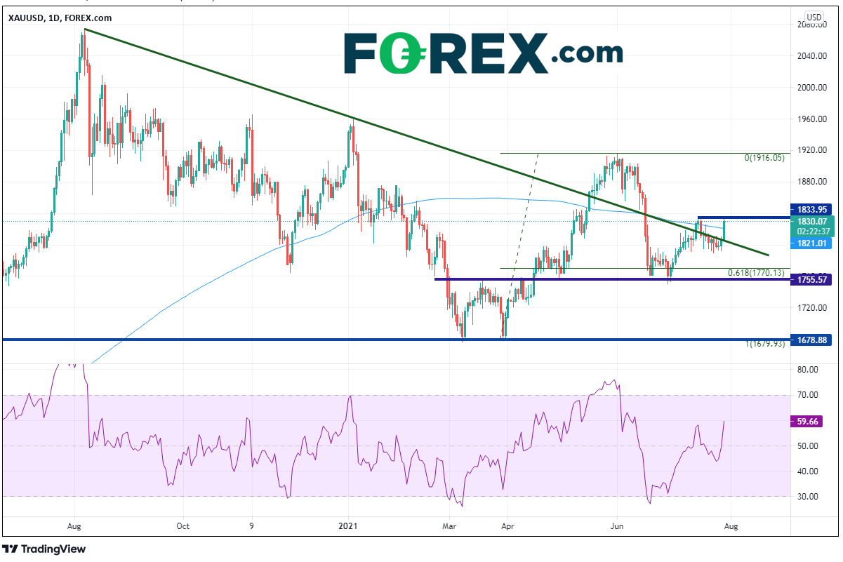 Market chart showing performance of XAU/USD. Published July 2021 by FOREX.com