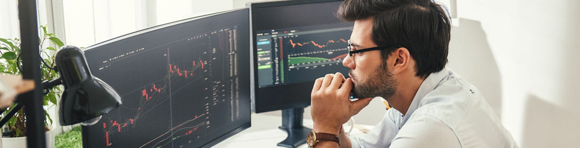 Market trader analysing data