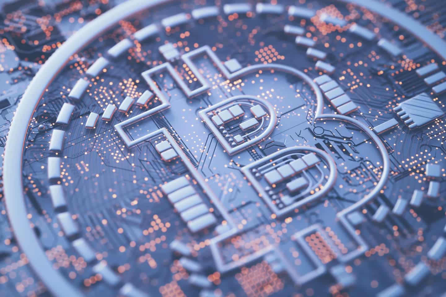 Bitcoin symbol on circuit board