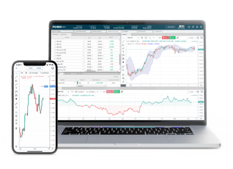 Laptop and mobile phone showing web trading platform and app