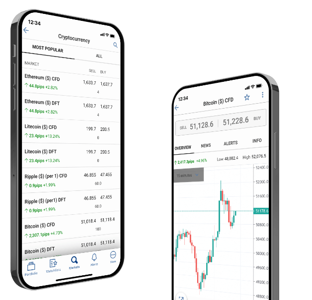 Dos pantallas móviles que muestran tablas de operaciones y un gráfico de trading