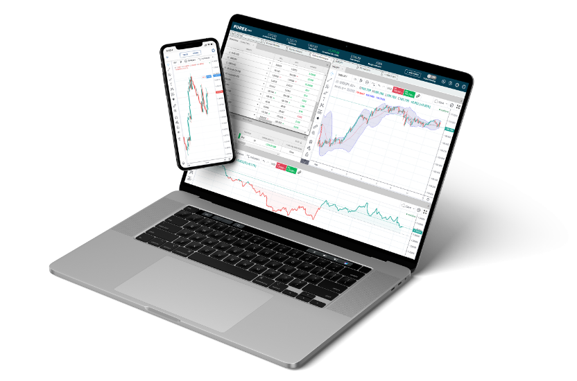 Aplicación de trading online de FOREX siendo mostrada en una pantalla móvil y ordenador portátil