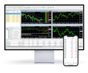 Pantallas de la plataforma de trading que muestran al web trader de Forex en una pantalla grande y móvil