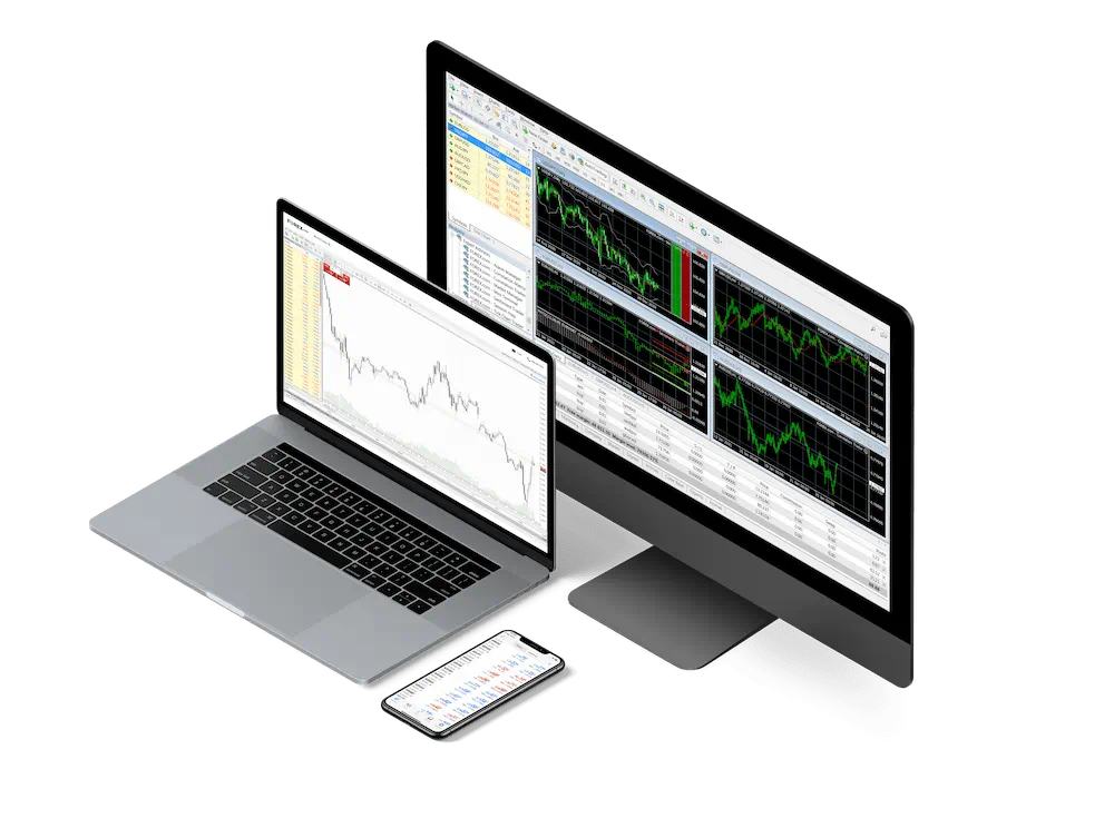 Laptop Apple, celular y pantalla de computadora sobre una superficie en blanco