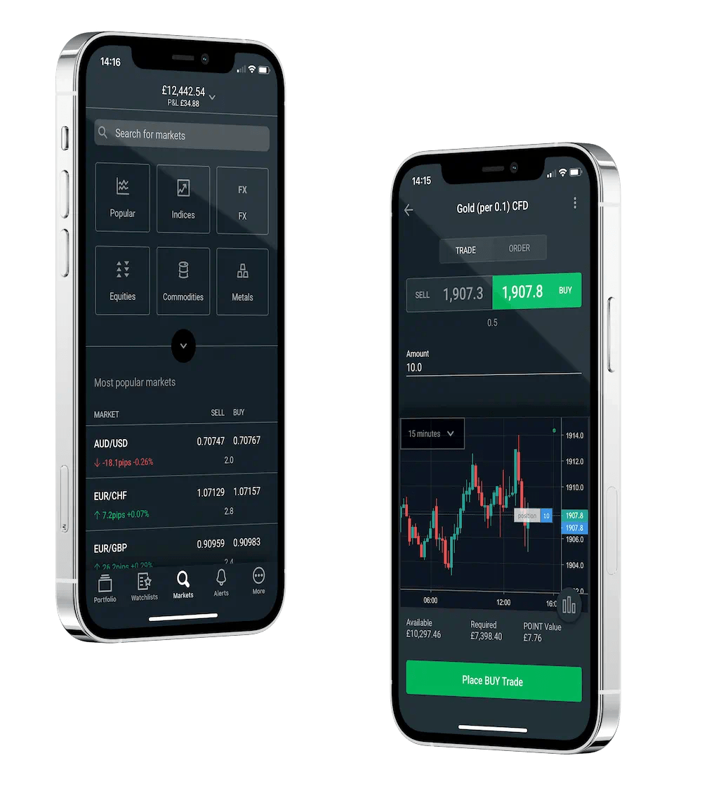 Dos celulares que muestran la aplicación de trading e imágenes de oro