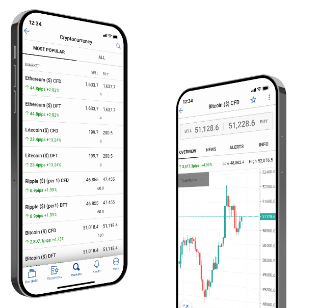 Two mobile screens showing trading tables and a trading chart