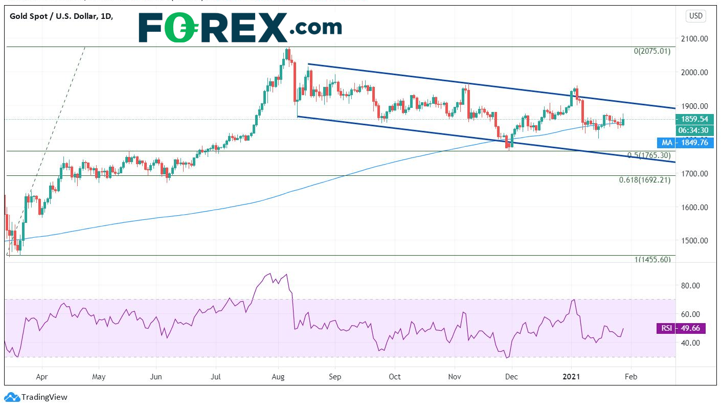 Market chart showing performance of Gold spot to USD. Published January 2021 by FOREX.com