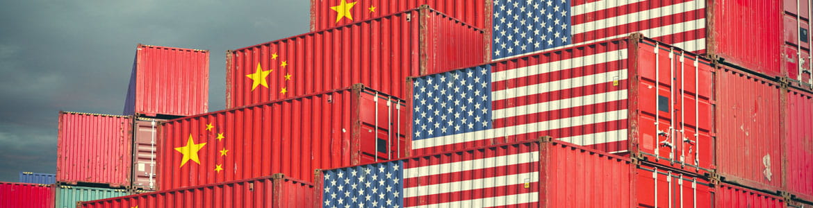 Cargo containers with US and China flags