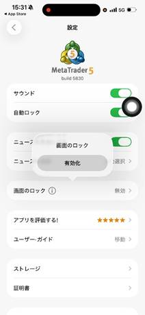 MT5アプリの画面ロック設定完了画面