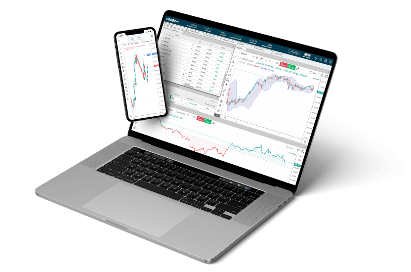 手机和笔记本电脑屏幕上的外汇 Web Trader 应用